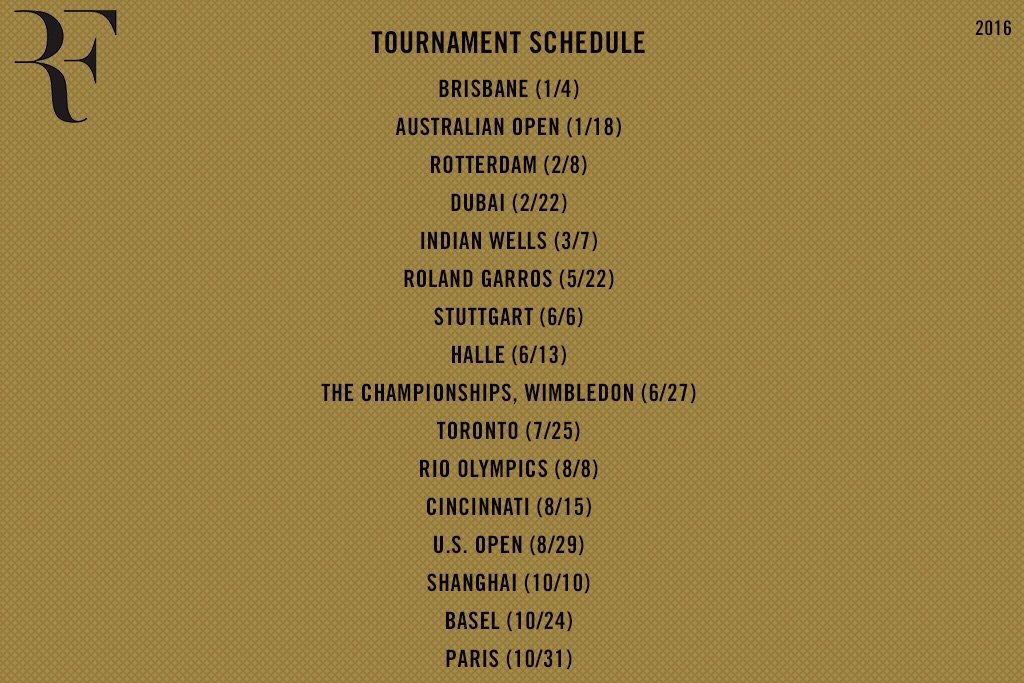 Roger Federer Schedule 2016